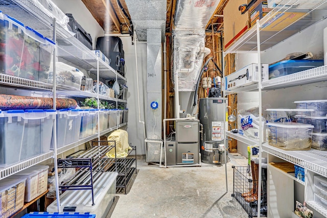 storage area featuring gas water heater