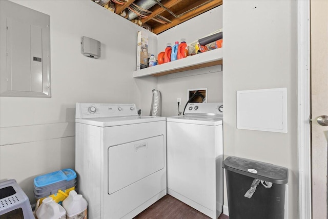 laundry area with electric panel, washing machine and dryer, and dark wood finished floors