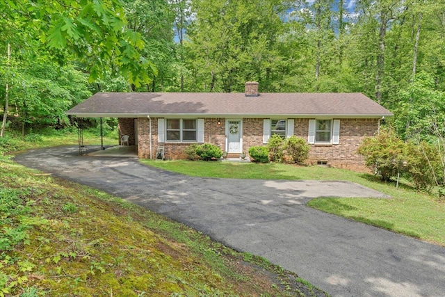 175 Webb Mountain Rd, Boones Mill, VA 24065 - ranch-style home with driveway, a chimney, brick siding, a front yard, and an attached carport