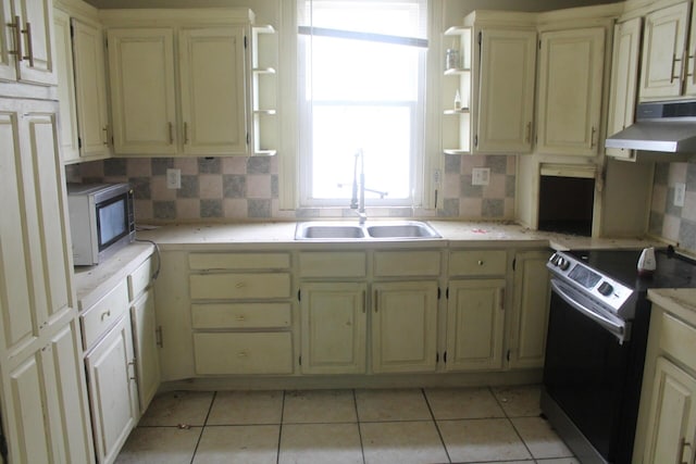 705 Rose Ave, Clifton Forge, VA 24422 - kitchen with range with electric stovetop, open shelves, under cabinet range hood, and stainless steel microwave