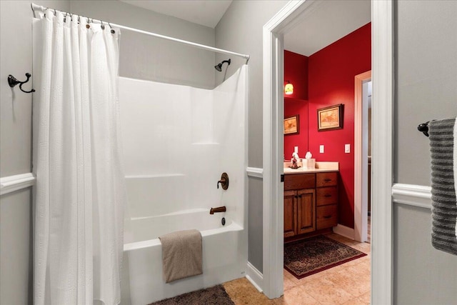 full bathroom with shower / bath combo with shower curtain and vanity