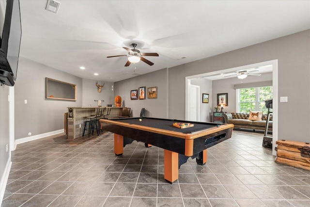 rec room with ceiling fan, bar, pool table, baseboards, and recessed lighting