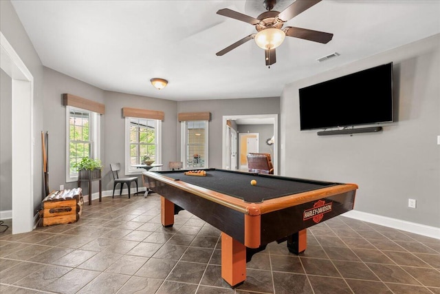 rec room with baseboards, pool table, and ceiling fan