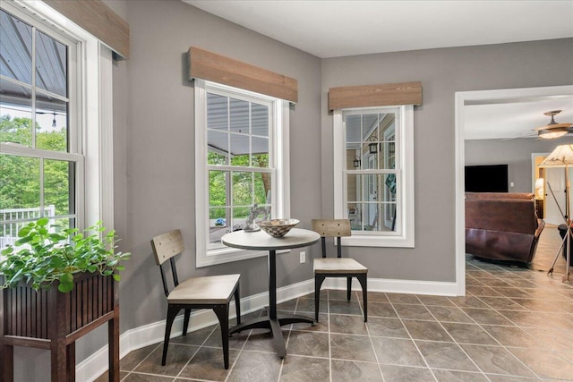 dining area featuring plenty of natural light, baseboards, and ceiling fan