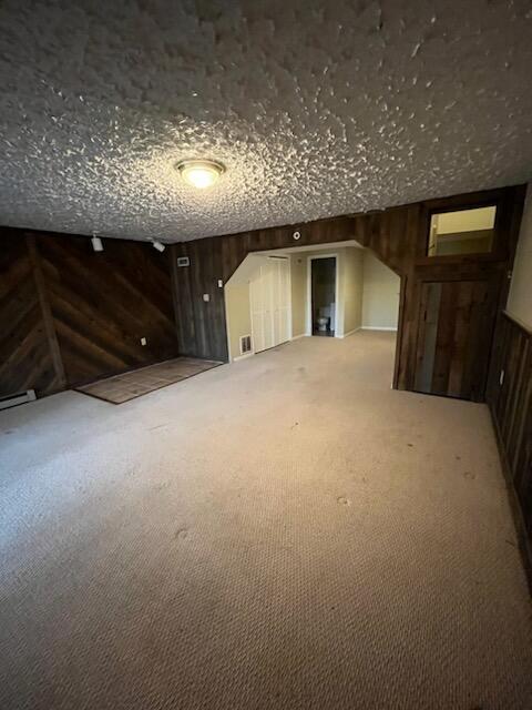 additional living space featuring wooden walls and carpet floors