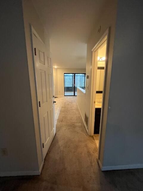 hall featuring baseboards and carpet floors