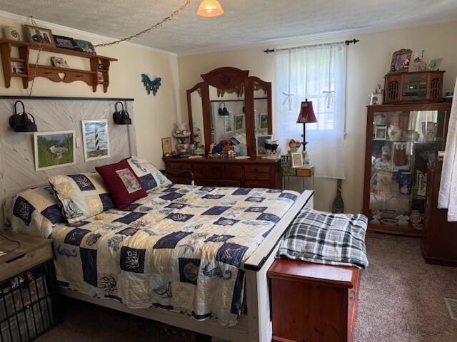 1134 Coolbrook Rd, Bedford, VA 24523 - carpeted bedroom with crown molding and a textured ceiling