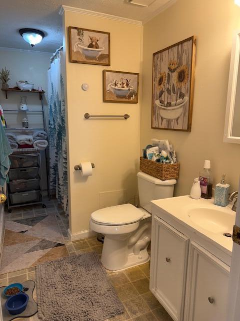 1134 Coolbrook Rd, Bedford, VA 24523 - bathroom with vanity, toilet, crown molding, and a shower with shower curtain