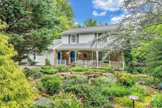 6553 Pencheck Cir, Roanoke, VA 24018 - view of front of home featuring covered porch, stone siding, an attached garage, and a shingled roof