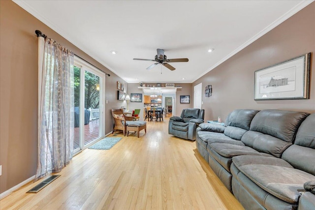 6553 Pencheck Cir, Roanoke, VA 24018 - living area featuring a ceiling fan, light wood-style floors, ornamental molding, and recessed lighting
