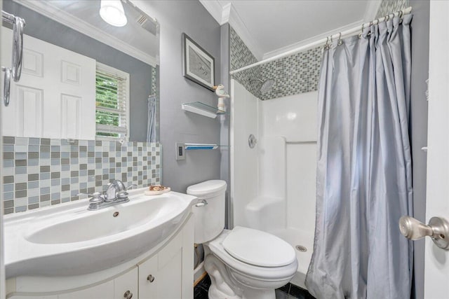 6553 Pencheck Cir, Roanoke, VA 24018 - full bath with ornamental molding, a stall shower, vanity, decorative backsplash, and toilet