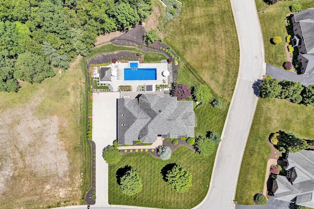 drone / aerial view of a pool