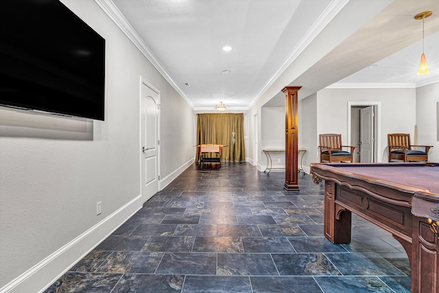 playroom with baseboards, stone finish floors, ornate columns, billiards, and crown molding