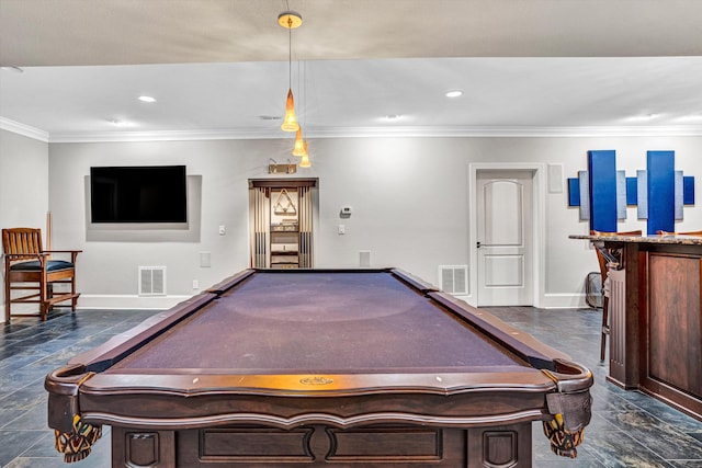playroom featuring crown molding, billiards table, baseboards, and recessed lighting