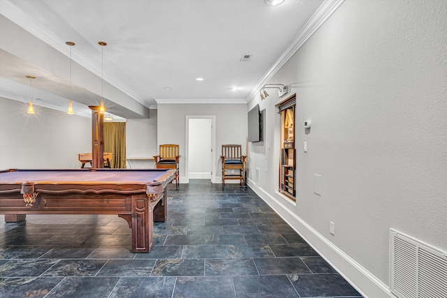 recreation room featuring baseboards, pool table, crown molding, recessed lighting, and stone finish floors