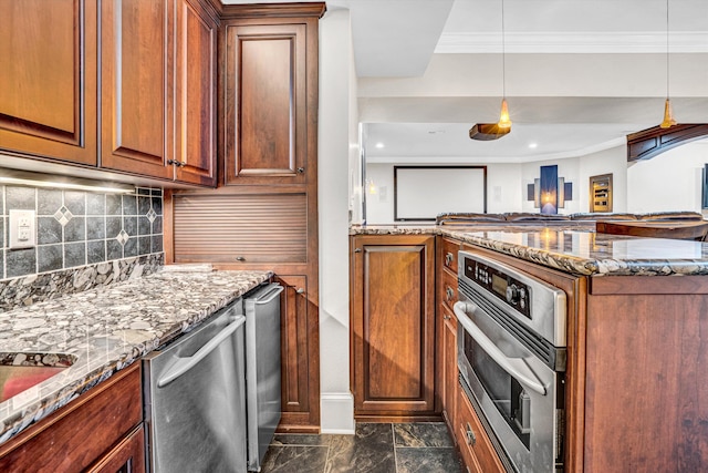 kitchen with appliances with stainless steel finishes, stone counters, ornamental molding, dark marble finish flooring, and backsplash