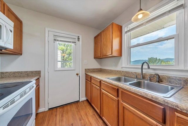 81 Ridgeview Cir, Roanoke, VA 24019 - kitchen with white appliances, a sink, light wood-type flooring, and brown cabinetry