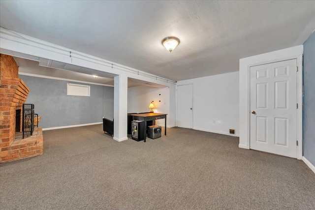 81 Ridgeview Cir, Roanoke, VA 24019 - finished below grade area featuring carpet, baseboards, and a brick fireplace