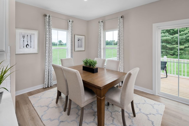 dining room with light wood finished floors and baseboards