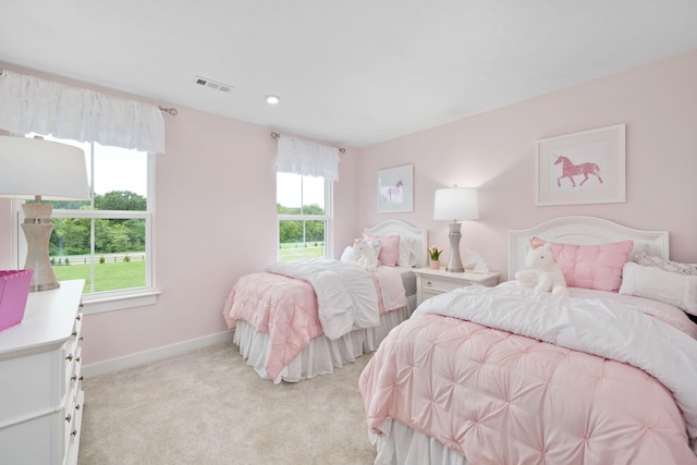 bedroom with light carpet, baseboards, and recessed lighting