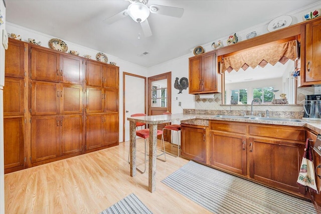 kitchen featuring a sink, brown cabinets, light wood-style floors, and tasteful backsplash