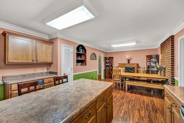 3643 Larson Ln, Roanoke, VA 24018 - kitchen with dark wood finished floors, ornamental molding, and a fireplace
