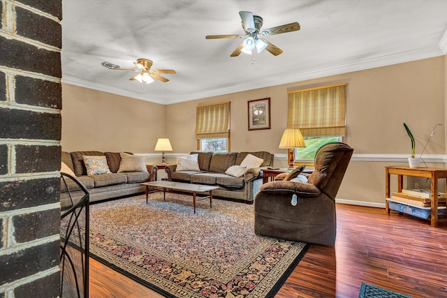 3643 Larson Ln, Roanoke, VA 24018 - living room featuring ceiling fan, wood finished floors, crown molding, and baseboards