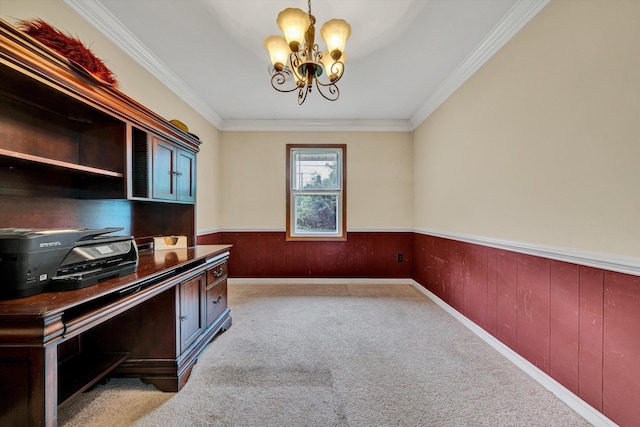 3643 Larson Ln, Roanoke, VA 24018 - unfurnished office featuring a chandelier, crown molding, a wainscoted wall, carpet, and wooden walls