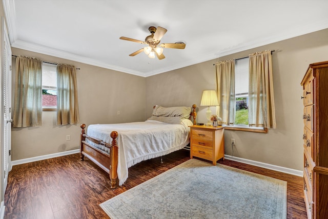 3643 Larson Ln, Roanoke, VA 24018 - bedroom featuring baseboards, wood finished floors, ornamental molding, and ceiling fan