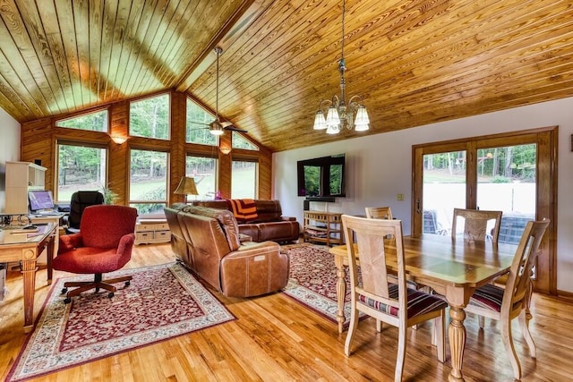 1530 Ridgeview Rd, Floyd, VA 24091 - dining area with healthy amount of natural light, a chandelier, light wood-type flooring, wood ceiling, and lofted ceiling