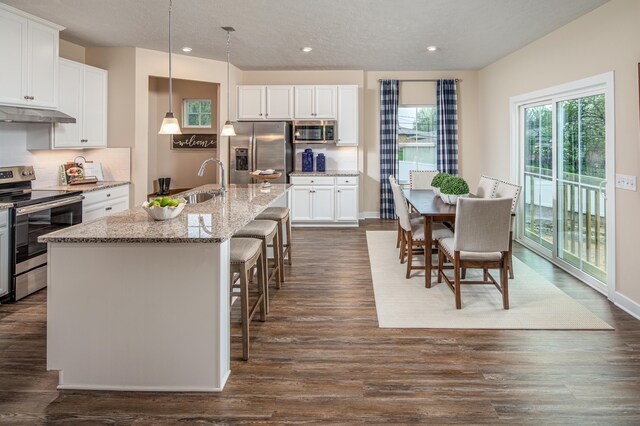 kitchen with stainless steel appliances, under cabinet range hood, an island with sink, a kitchen bar, and light stone counters