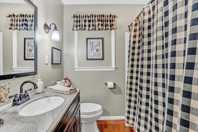 93 SW Ave, Buchanan, VA 24066 - full bath with toilet, vanity, wood finished floors, and a shower with shower curtain