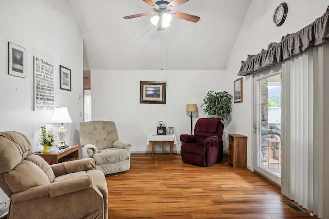 2844 Forage Rd, Shawsville, VA 24162 - living room featuring a ceiling fan, wood finished floors, high vaulted ceiling, and baseboards