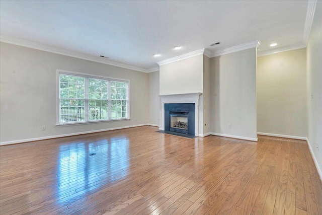 3326 Belshire Ct SW, Roanoke, VA 24014 - unfurnished living room with hardwood / wood-style flooring, a fireplace with flush hearth, ornamental molding, baseboards, and recessed lighting