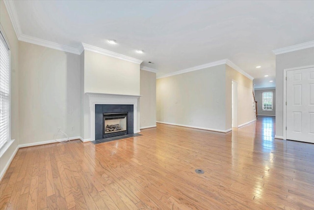 3326 Belshire Ct SW, Roanoke, VA 24014 - unfurnished living room with wood finished floors, a tiled fireplace, baseboards, ornamental molding, and recessed lighting