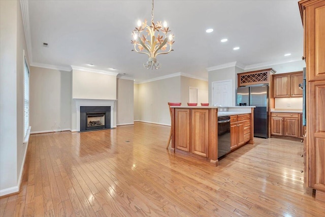 3326 Belshire Ct SW, Roanoke, VA 24014 - kitchen featuring freestanding refrigerator, brown cabinetry, dishwashing machine, baseboards, and light wood-style floors