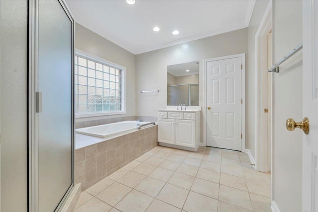 3326 Belshire Ct SW, Roanoke, VA 24014 - bathroom featuring a stall shower, tile patterned floors, a bath, recessed lighting, and vanity