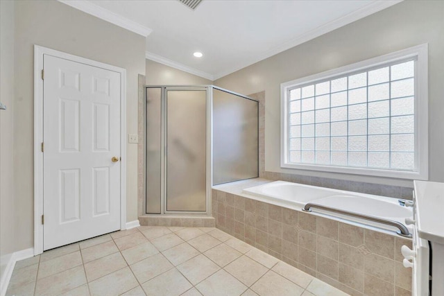 3326 Belshire Ct SW, Roanoke, VA 24014 - bathroom with ornamental molding, a stall shower, tile patterned floors, plenty of natural light, and a bath