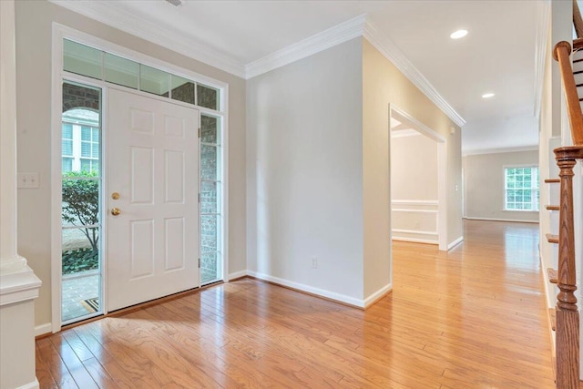 3326 Belshire Ct SW, Roanoke, VA 24014 - foyer entrance with light wood-style floors, ornamental molding, stairway, baseboards, and recessed lighting
