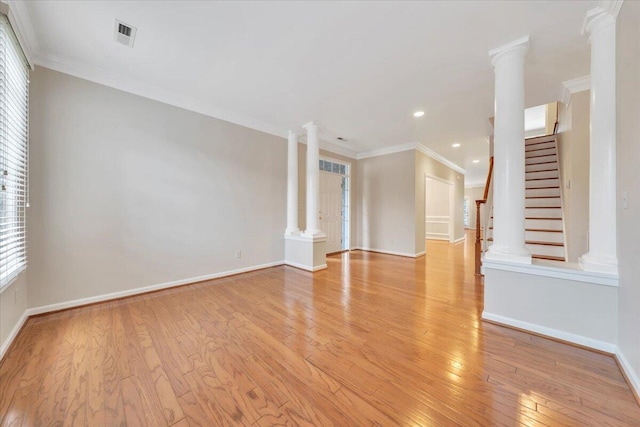 3326 Belshire Ct SW, Roanoke, VA 24014 - spare room with decorative columns, light wood finished floors, stairs, crown molding, and baseboards