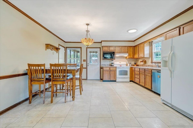 7073 Northway Dr, Roanoke, VA 24019 - kitchen with white appliances, ornamental molding, light countertops, brown cabinets, and hanging light fixtures