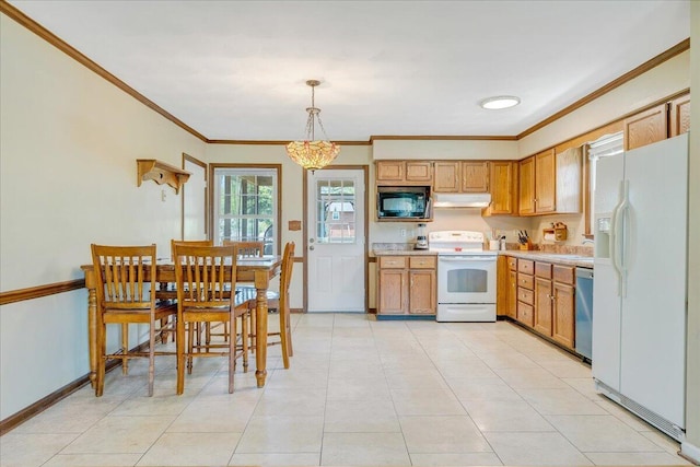 7073 Northway Dr, Roanoke, VA 24019 - kitchen featuring white appliances, under cabinet range hood, light countertops, ornamental molding, and a chandelier