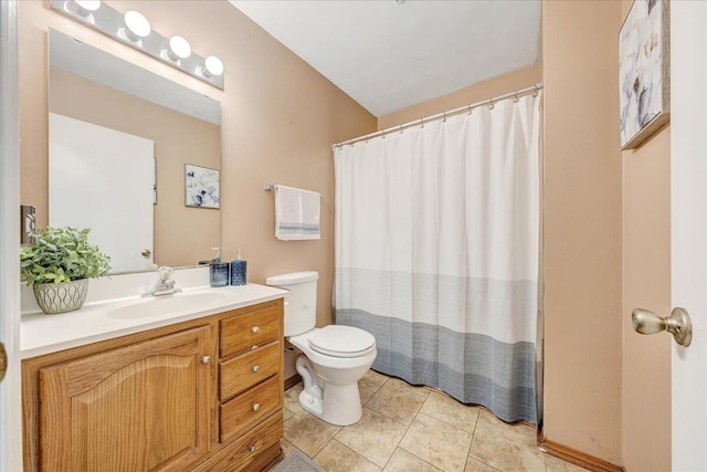 7073 Northway Dr, Roanoke, VA 24019 - bathroom with toilet, vanity, tile patterned floors, and a shower with shower curtain