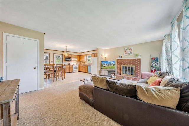 7073 Northway Dr, Roanoke, VA 24019 - living room with a fireplace, light carpet, and light tile patterned flooring