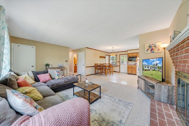 7073 Northway Dr, Roanoke, VA 24019 - living room with a brick fireplace and light carpet