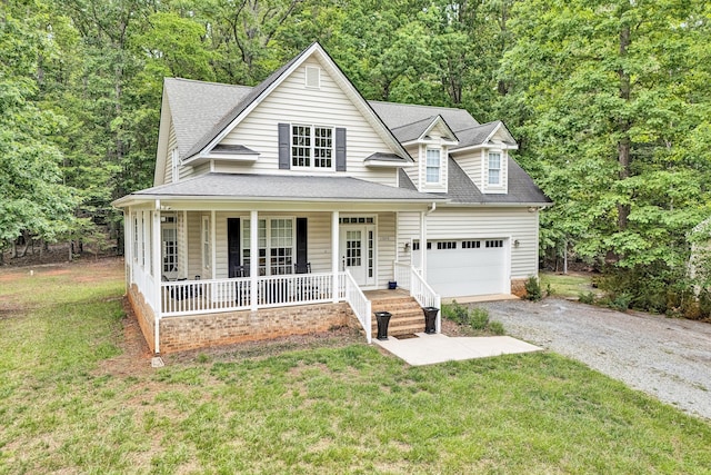 1309 W Pine Ridge Rd, Huddleston, VA 24104 - view of front of property with covered porch, gravel driveway, an attached garage, a front yard, and roof with shingles