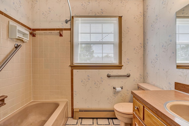 full bathroom featuring a baseboard heating unit, toilet, and vanity