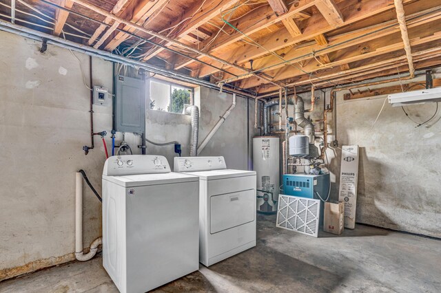 washroom with gas water heater, independent washer and dryer, electric panel, and a heating unit