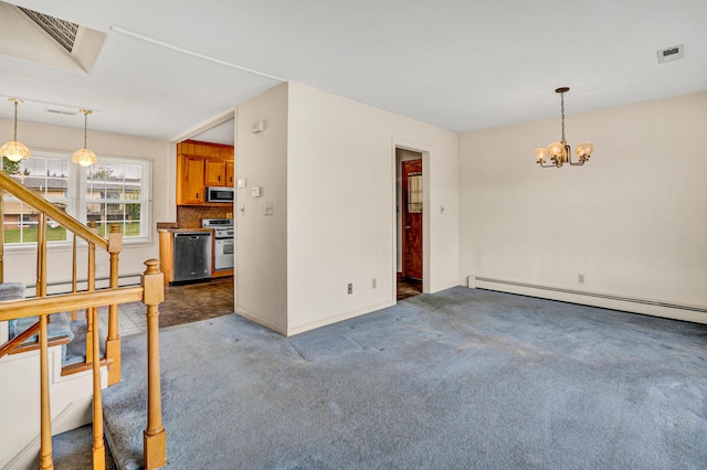 unfurnished living room with a baseboard heating unit, a chandelier, carpet floors, and baseboards