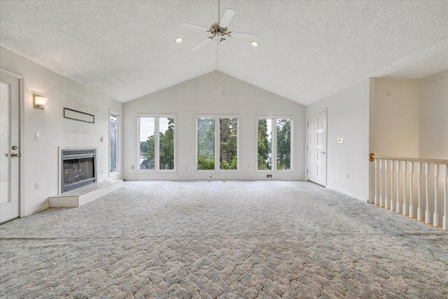 205 Park Shores Cir, Moneta, VA 24121 - unfurnished living room with carpet, ceiling fan, lofted ceiling, plenty of natural light, and a textured ceiling